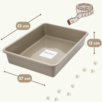 Beige rechteckige Katzentoilette mit ‚Garpet‘-Aufkleber, Maßen 52×37×12 cm und Pfotenmuster