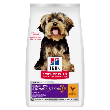 Hill's Science Plan Sensitive Stomach & Skin Hundefutter für kleine & Mini-Erwachsene Hunde bis 10 kg, mit Huhn, vom Tierarzt empfohlen.
