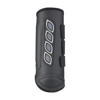 Schwarze Haustierbeinschiene mit Kohlefaserstruktur, mit Belüftungsöffnungen und verstellbaren Riemen für einen sicheren Sitz.