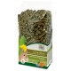 Un sac transparent de nourriture pour lapins JR Farm "Sans grain" pour lapins nains, avec des granulés verts et des graphiques de plantes colorées.