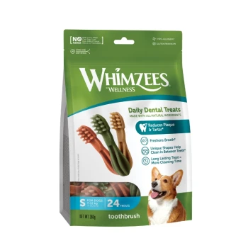 Zahnpflegesnacks Zahnbürste Hund Adult S Whimzees Wellness Daily Dental Treats-Tasche mit zahnbürstenförmigen Kausnacks, 'Reduziert Zahnbelag & Zahnstein', 24 Leckerlis, Foto eines Corgis