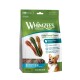 Sac de friandises dentaires quotidiennes Whimzees Wellness avec des friandises en forme de brosse à dents, 'Réduit la plaque et le tartre', 24 friandises, photo d'un corgi