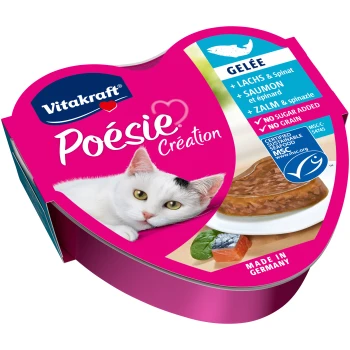 Emballage de nourriture pour chats Vitakraft Poésie Création rose avec le visage d'un chat blanc, étiqueté "Gelée" avec du saumon, des épinards et une certification MSC.