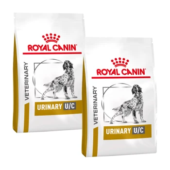 Deux sacs de nourriture pour chiens Royal Canin Veterinary Urinary U/C, avec une illustration de chien et le logo de la marque affiché en évidence.