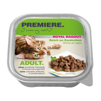 Royal Ragout Kaninchen 16x100 g Verpackung für Katzenfutter mit einer verspielten getigerten Katze, beschriftet "Premiere Royal Ragout", reich an Kaninchen, für Erwachsene geeignet und frei von künstlichen Zusatzstoffen.