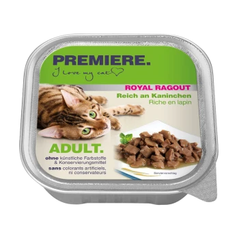 Verpackung für Katzenfutter mit einer verspielten getigerten Katze, beschriftet "Premiere Royal Ragout", reich an Kaninchen, für Erwachsene geeignet und frei von künstlichen Zusatzstoffen.