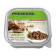Emballage de nourriture pour chat avec un tabby joueur, étiqueté "Premiere Royal Ragout," riche en lapin, adapté aux adultes, et sans additifs artificiels.