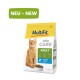 Katze Futterpaket beschriftet "MultiFit CARE ADULT" mit einer orangefarbenen Katze und einer Schüssel mit Trockenfutter, mit "NEU - NEW" in grün.