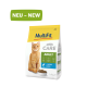 Katze Futterpaket beschriftet "MultiFit CARE ADULT" mit einer orangefarbenen Katze und einer Schüssel mit Trockenfutter, mit "NEU - NEW" in grün.