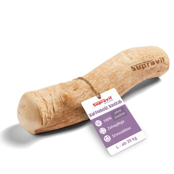 Natürliches Holzspielzeug für Haustiere, mit einer glatten, hellen Oberfläche und abgerundeten Enden, ideal zum Kauen und Spielen.