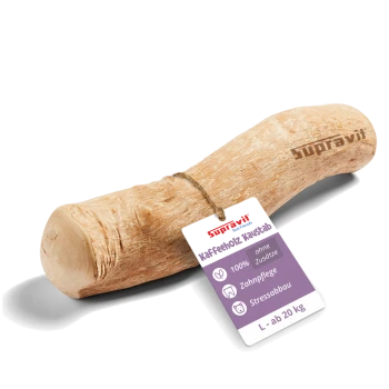 Natürliches Holzspielzeug für Haustiere, mit einer glatten, hellen Oberfläche und abgerundeten Enden, ideal zum Kauen und Spielen.