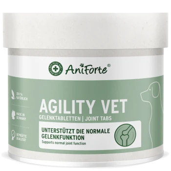 Behälter mit AniForte Agility Vet Gelenktabletten für Hunde, beschriftet mit '100% natürlich', 'Hergestellt in Deutschland' und 'Unterstützt die normale Gelenkfunktion.'