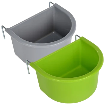 Two hanging pet food bowls, one gray and one bright green, displayed side by side with metal hooks for attachment.