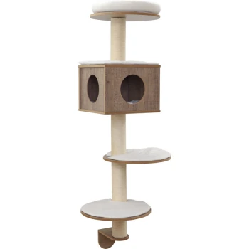 Katzenbaum mit mehreren Ebenen, einem gemütlichen, würfelförmigen Versteck und weichen, abnehmbaren Kissen auf jeder Plattform.