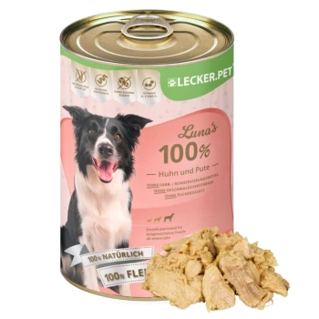Eine Dose Hundefutter mit der Aufschrift "Luna's 100% Huhn und Pute" mit einem lächelnden Border Collie, der angibt, dass es 100% natürliches Fleisch, keine Zusatzstoffe ist.