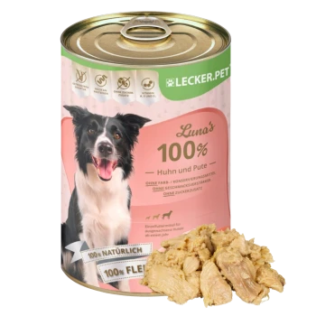 Eine Dose Hundefutter mit der Aufschrift "Luna's 100% Huhn und Pute" mit einem lächelnden Border Collie, der angibt, dass es 100% natürliches Fleisch, keine Zusatzstoffe ist.