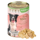 Eine Dose Hundefutter mit der Aufschrift "Luna's 100% Huhn und Pute" mit einem lächelnden Border Collie, der angibt, dass es 100% natürliches Fleisch, keine Zusatzstoffe ist.