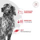 Schwarz-weißer Hund neben roten Symbolen und dänischem Text: BLODSUKKER-REGULERING, MINDRE END 1% STIVELSE, HØJT PROTEININDHOLD