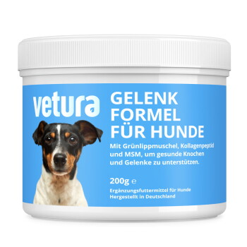 Weißer Behälter mit der Aufschrift 'vetura' 'GELENK FORMEL FÜR HUNDE' 200 g, Bild eines dreifarbigen Hundes, Gelenkpräparat, 'Hergestellt in Deutschland'.