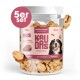 Ein Glas KAU DAS Hühnerherz-Hundeleckerlis (60g) mit einem glücklichen Hund auf dem Etikett und Text: 'Training & Belohnung', '100% Fleisch', 'Hergestellt in Deutschland.'