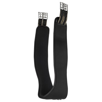 Schwarzer gepolsterter Pferdegurt mit Metallschnallen und Riemen, entworfen für Komfort und Haltbarkeit im Reitsport.