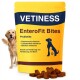 Gelbe VETINESS-EnteroFit-Bites-Tasche mit Aufdruck ‚Probiotika‘, verstreuten Kroketten und einem Golden Retriever neben der Verpackung.