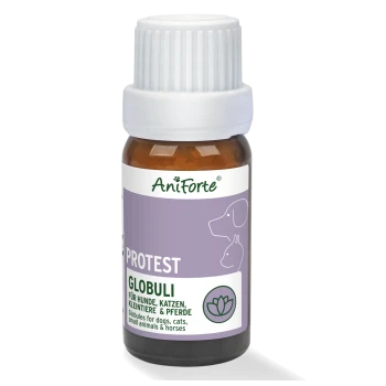 Flasche AniForte Protest-Globuli für Hunde, Katzen, Kleintiere und Pferde, mit einem lila Etikett mit Tier-Silhouetten.
