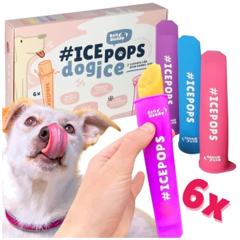 Ein verspielter Hund mit herausgestreckter Zunge schaut auf eine Hand, die ein buntes Eis hält, mit der Verpackung "#ICEPOPS dogice" im Hintergrund.