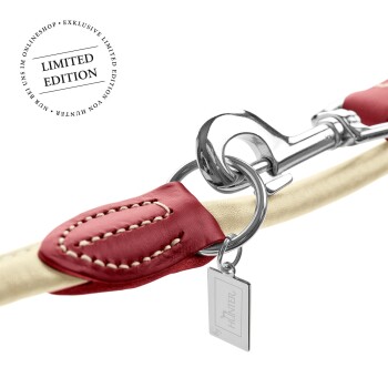 Nahaufnahme einer limitierten Hundeleine mit einem roten Ledergriff mit weißer Naht, einem silbernen Metallclip und einem Anhänger, auf dem "by HUNTER" steht.