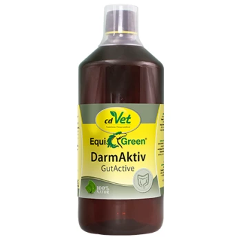 Flasche von cdVet EquiGreen DarmAktiv GutActive, ein natürliches Ergänzungsmittel für Haustiere, gekennzeichnet als 100% natürlich.