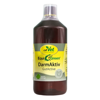 Flasche von cdVet EquiGreen DarmAktiv GutActive, ein natürliches Ergänzungsmittel für Haustiere, gekennzeichnet als 100% natürlich.