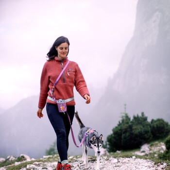 Eine Person in einer roten Fleecejacke führt einen grau-weißen Hund auf einem steinigen Weg, umgeben von Bergen und Grün.