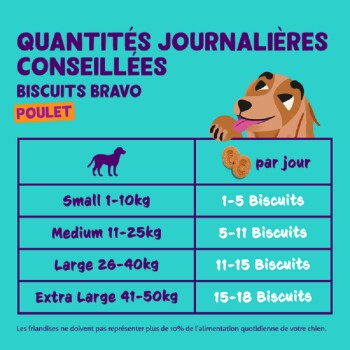 Graphique coloré intitulé "Quantités Journalières Conseillées" pour "Biscuits Bravo Poulet," montrant les recommandations quotidiennes de biscuits par taille de chien.