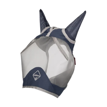 Eine marineblaue Haustiermaske mit Netzohren und einer transparenten Vorderseite, mit dem Logo "LeMieux" an der Seite.