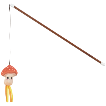 Brown wand cat toy with black cord and dangling smiling plush red mushroom and yellow ribbons