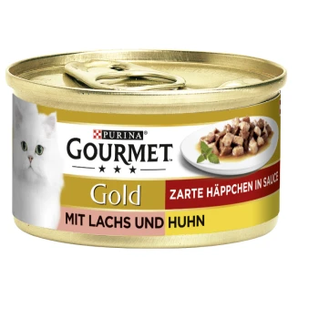 Gold Zarte Häppchen 12x85g Lachs und Huhn Eine Dose Purina Gourmet Gold Katzenfutter mit einer weißen Katze auf dem Etikett, beschriftet mit 'Zarte Häppchen in Sauce mit Lachs und Huhn.'