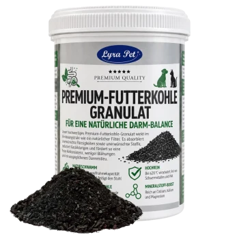 Lyra Pet Dose „Premium‑Futterkohle Granulat (Für eine natürliche Darm‑Balance)“ mit einem Haufen schwarzer Holzkohlegranulate.