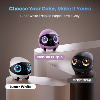Drei runde Haustierkameras in Lunar White, Nebula Purple und Orbit Grey mit großen Augen, beschriftet mit ihren Farbnamen.