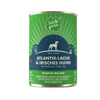 Grüne Dose mit Hundefutter, beschriftet mit 'Atlantik-Lachs & Irisches Huhn', mit Gemüse und 2% Algen, als glutenfrei gekennzeichnet, hergestellt in Irland.
