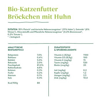 Bio-Katzenfutter mit Huhn, das Zutaten und Nährwertinformationen auflistet, einschließlich Protein, Fett, Vitamine und Mineralien.
