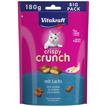 Vitakraft Crispy Crunch Katzenleckerlis, 180 g Big Pack, mit Lachs – mit der Aufschrift 'mit Lachs / with salmon' und 'Ohne Zuckerzusatz'.