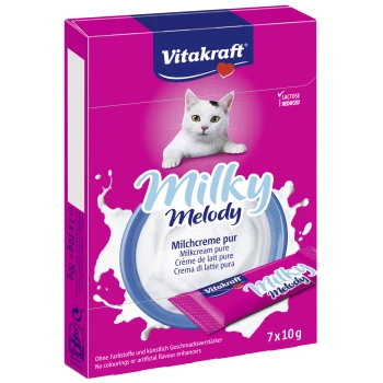 Milky Melod Milchcrème pur 77x10g Vitakraft Milky Melody Milchcreme für Haustiere, mit einer rosa Box, einem blauen Teller und einem Beutel, beschriftet mit 'Milchcreme pur' in mehreren Sprachen.