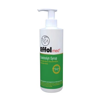 Effolmed Elektrolytsirup-Flasche mit Pumpenspender, mit einem weißen und grünen Design, beschriftet in mehreren Sprachen.