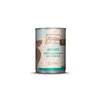 Pur Adult 6 x 400 g Dinde Boîte de nourriture pour chiens Mjamjam étiquetée "Gute Pute" avec une illustration de chien brun, indiquant "purer Fleischgenuss aus zarter Pute."