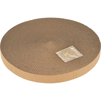 Griffoir rond en carton pour chat avec une surface texturée, accompagné d'un petit paquet d'herbe à chat.