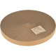 Griffoir rond en carton pour chat avec une surface texturée, accompagné d'un petit paquet d'herbe à chat.