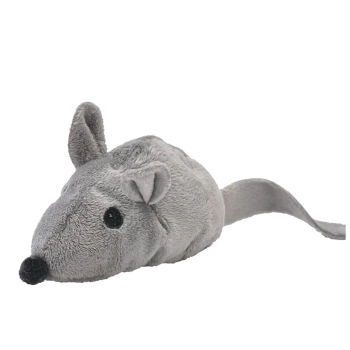 Gray plush toy mouse with black eyes and nose, featuring rounded ears and a long tail, ideal for pet playtime.