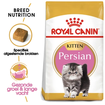 Royal Canin Perzische kittenvoeding zak met een fluffy Perzische kitten, met tekst die de voedingsbehoeften van het ras en voordelen voor een gezonde groei benadrukt.