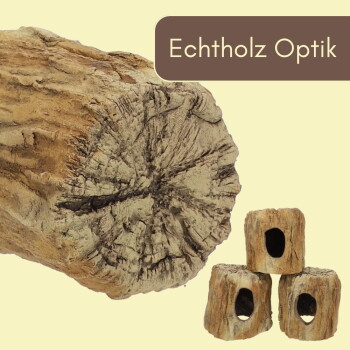 Treibholzstamm und drei hohle, holzimitierende Verstecke für Tiere vor hellem Hintergrund; Text: 'Echtholz Optik'