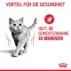 Eine graue Katze, die geht, mit dem Text oben "Vorteil für die Gesundheit" und unten "Hilft, die Gewichtszunahme zu begrenzen," neben einem kcal-Symbol.